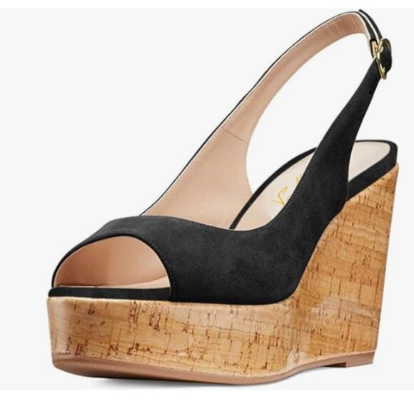 FOWT Shoes - FOWT Black Peep Toe Slingback Platform Wedge High Heel Buckle Open Toe Sandals